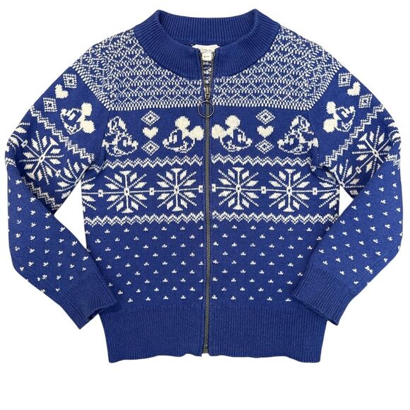 Disney X Gap Sweater Jacket kids Size M Mickey & Minnie Mouse Blue Fair Isle - Picture 1 of 7